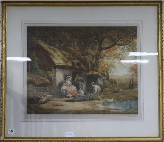 Clifford R. James after George Morland, pair coloured mezzotints, The Market Cart & The Happy Cottages and pair etchings by Alphege
